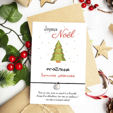 Carte Joyeux Noël Maîtresse Bonnes vacances et son Bracelet cœur